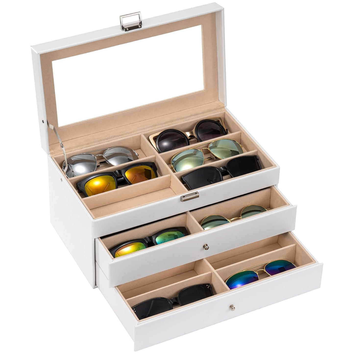 ProCase 3 Tier Glasses Box 18 Sunglasses Display Box Leather Glasses Case with Glass Lid