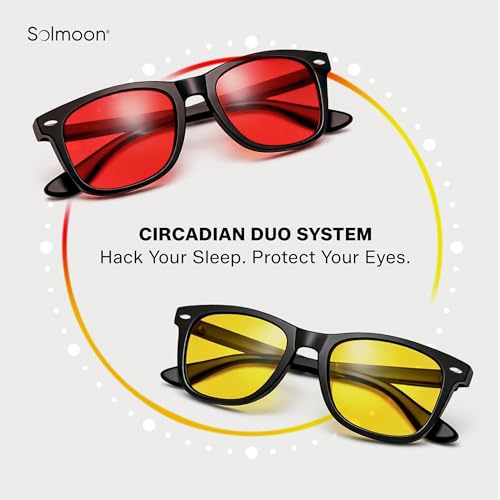 Solmoon - Blue Light Blocking Glasses - Circadian Duo System, Day Yellow Lens + Deep Night Red Lens, American Tritan™ BPA-Free Lenses, Includes 2 Hard Cases + Cleaning Cloth, Unisex Red Lens Glasses