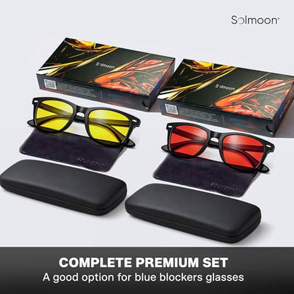 Solmoon - Blue Light Blocking Glasses - Circadian Duo System, Day Yellow Lens + Deep Night Red Lens, American Tritan™ BPA-Free Lenses, Includes 2 Hard Cases + Cleaning Cloth, Unisex Red Lens Glasses