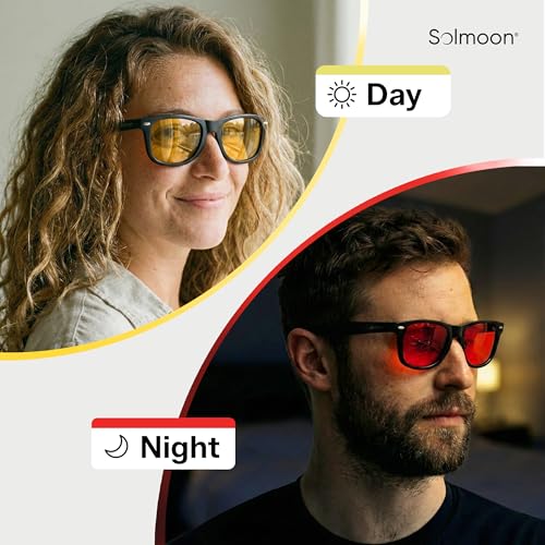Solmoon - Blue Light Blocking Glasses - Circadian Duo System, Day Yellow Lens + Deep Night Red Lens, American Tritan™ BPA-Free Lenses, Includes 2 Hard Cases + Cleaning Cloth, Unisex Red Lens Glasses