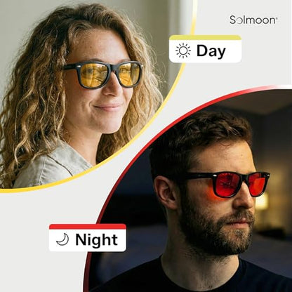 Solmoon - Blue Light Blocking Glasses - Circadian Duo System, Day Yellow Lens + Deep Night Red Lens, American Tritan™ BPA-Free Lenses, Includes 2 Hard Cases + Cleaning Cloth, Unisex Red Lens Glasses