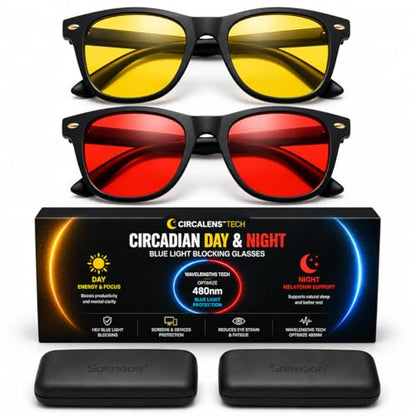 Solmoon - Blue Light Blocking Glasses - Circadian Duo System, Day Yellow Lens + Deep Night Red Lens, American Tritan™ BPA-Free Lenses, Includes 2 Hard Cases + Cleaning Cloth, Unisex Red Lens Glasses
