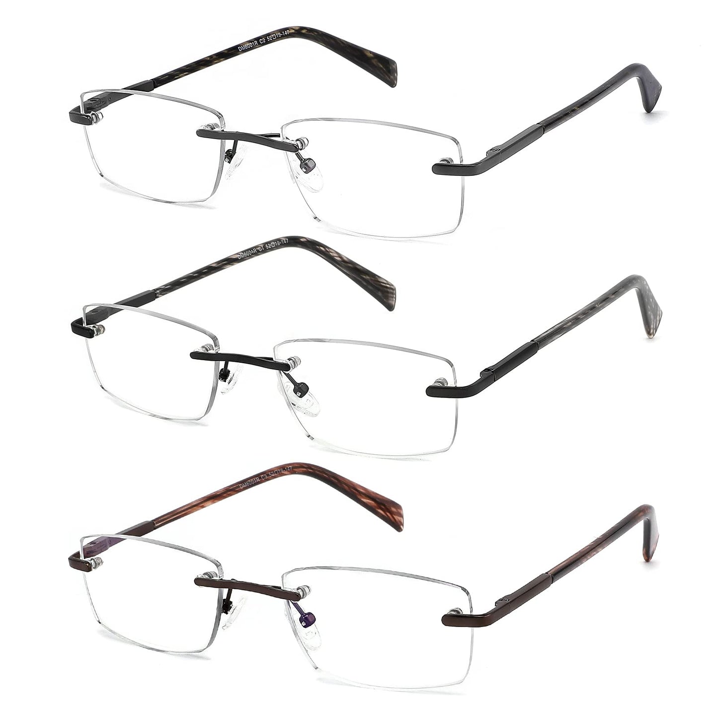 JJWELL 3 Pack Reading Glasses for Men Blue Light Blocking Rimless Readers with Spring Hinge Anti Eyestrain/UV