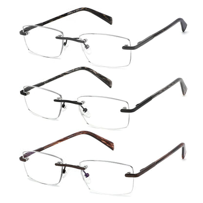 JJWELL 3 Pack Reading Glasses for Men Blue Light Blocking Rimless Readers with Spring Hinge Anti Eyestrain/UV