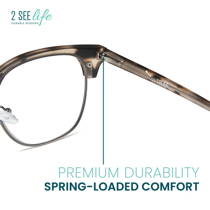 2SeeLife Premium Half Rim Reading Glasses Women & Men - Fits all Face Shapes, Metal & Sturdy Readers, Spring Hinges