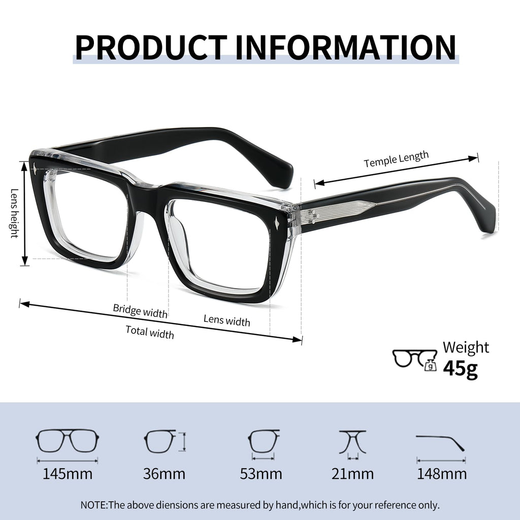 JOLLYNOVA Sutton Retro Rectangle Acetate Thick Glasses Frame Prescription Optical Eyewear for Women Men 53-21-148mm