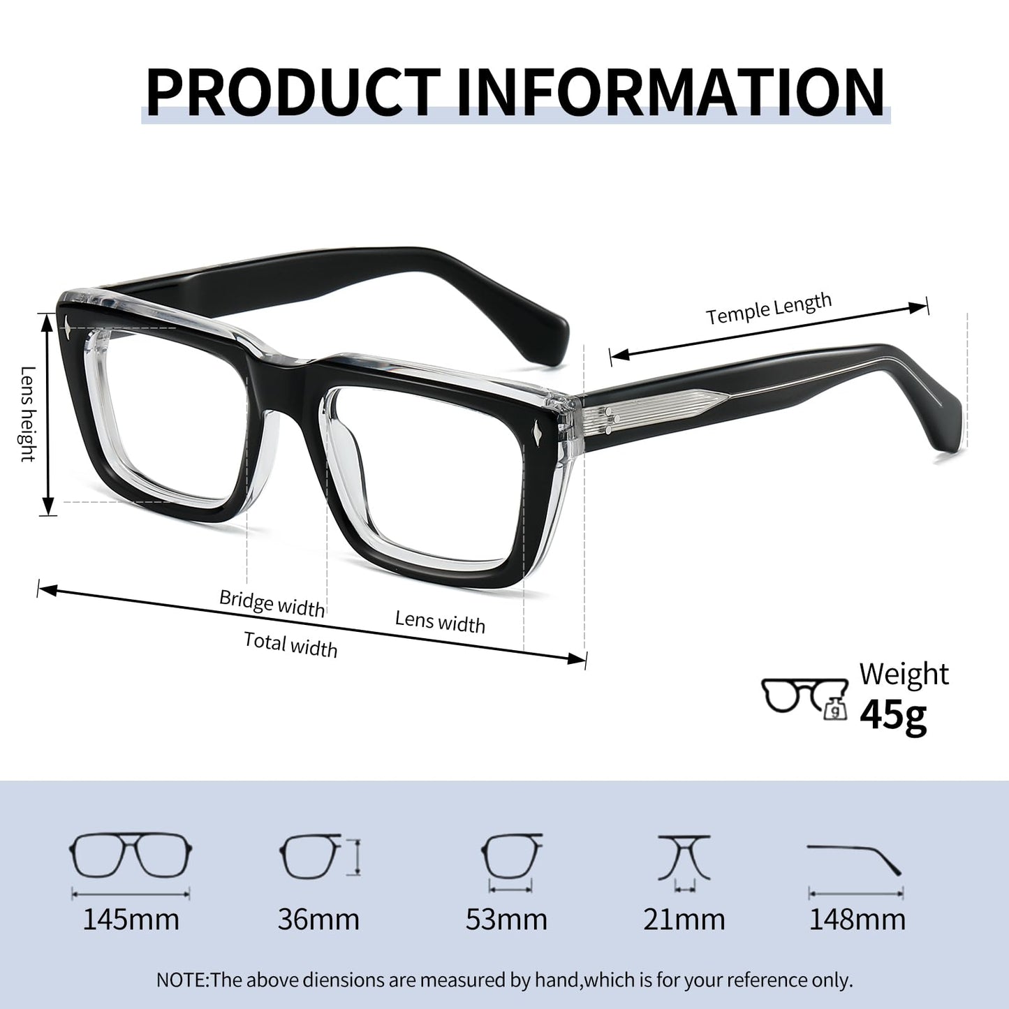 JOLLYNOVA Sutton Retro Rectangle Acetate Thick Glasses Frame Prescription Optical Eyewear for Women Men 53-21-148mm