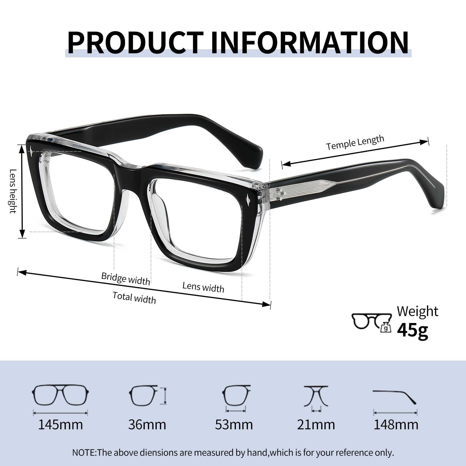 JOLLYNOVA Sutton Retro Rectangle Acetate Thick Glasses Frame Prescription Optical Eyewear for Women Men 53-21-148mm