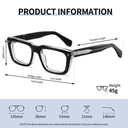 JOLLYNOVA Sutton Retro Rectangle Acetate Thick Glasses Frame Prescription Optical Eyewear for Women Men 53-21-148mm