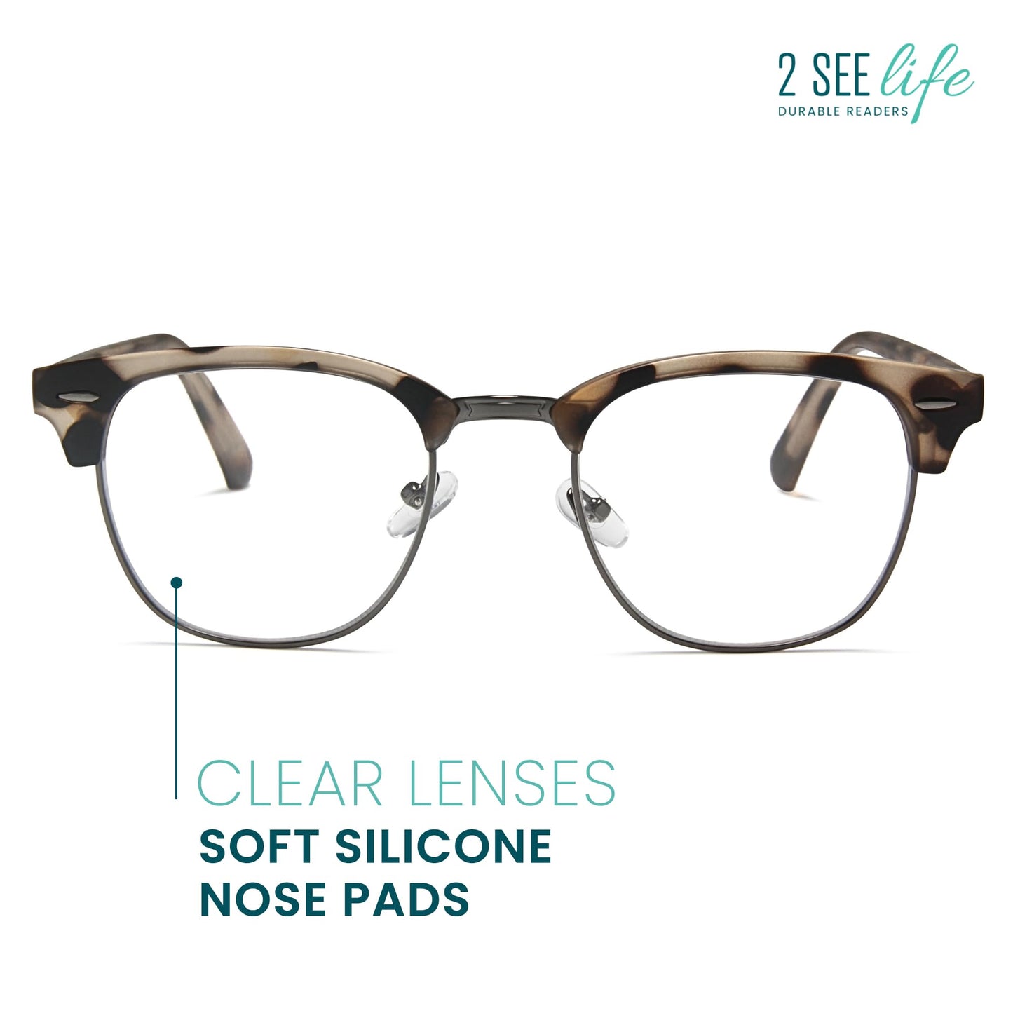 2SeeLife Premium Half Rim Reading Glasses Women & Men - Fits all Face Shapes, Metal & Sturdy Readers, Spring Hinges