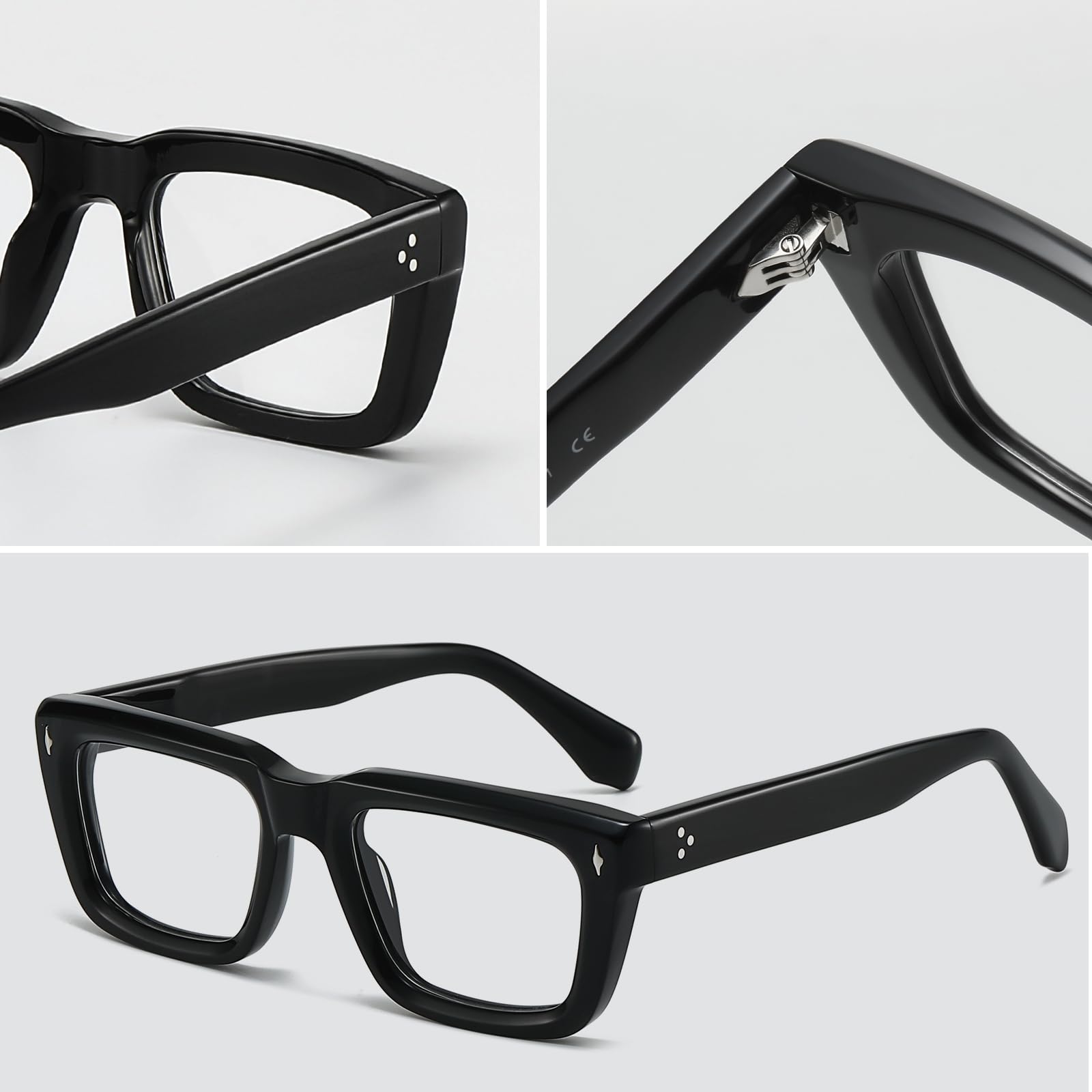 JOLLYNOVA Sutton Retro Rectangle Acetate Thick Glasses Frame Prescription Optical Eyewear for Women Men 53-21-148mm