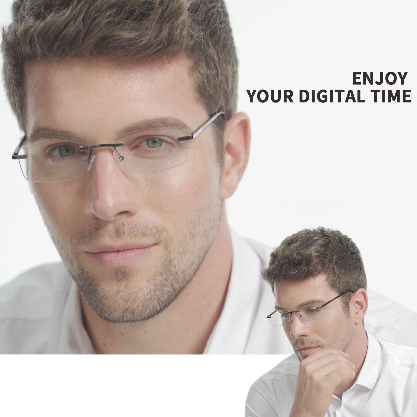 JJWELL 3 Pack Reading Glasses for Men Blue Light Blocking Rimless Readers with Spring Hinge Anti Eyestrain/UV