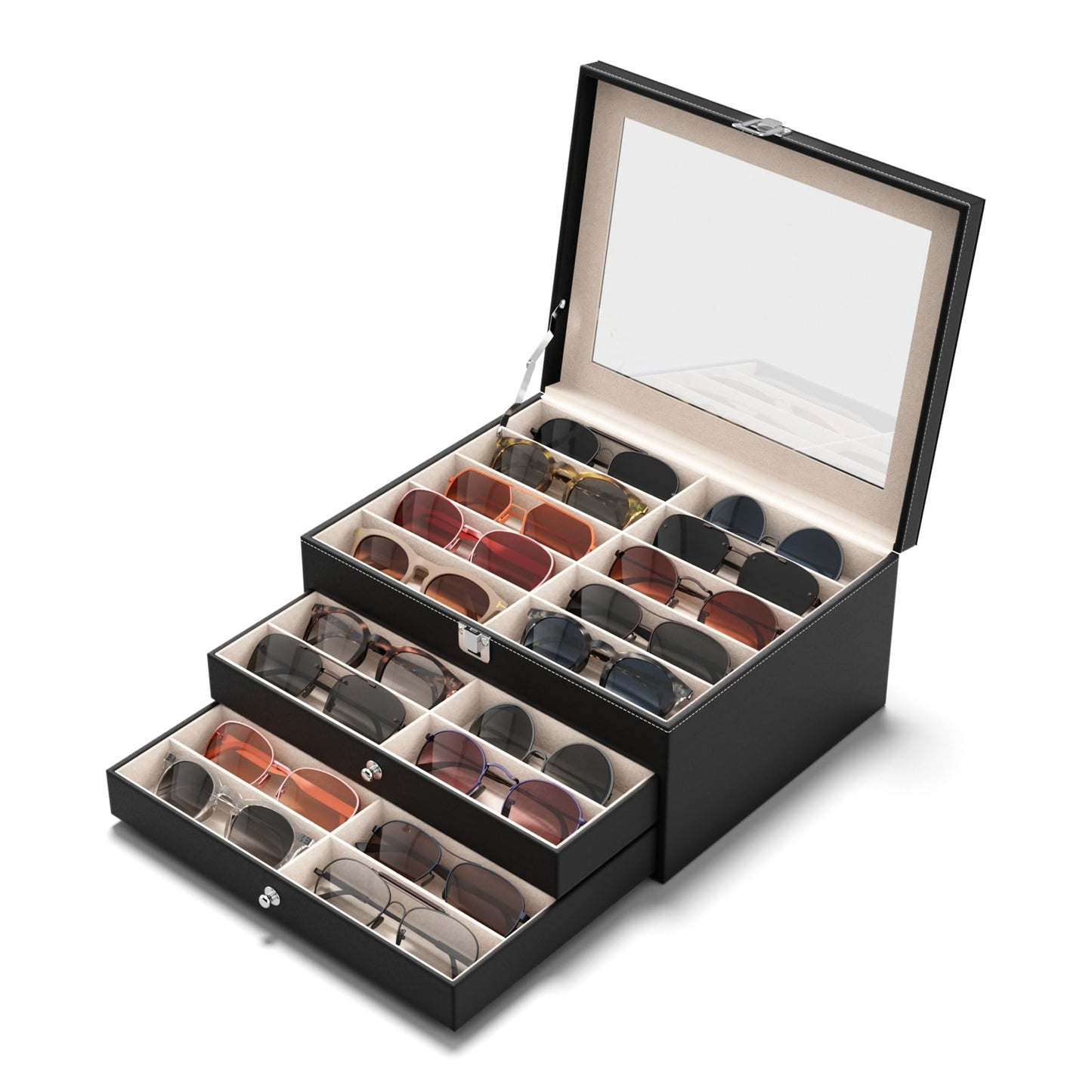 NEWLOOP 10/30 Slots Sunglass Organizer for Multiple Pairs of Eyeglass See-through Display Case Storage Box for Women Men
