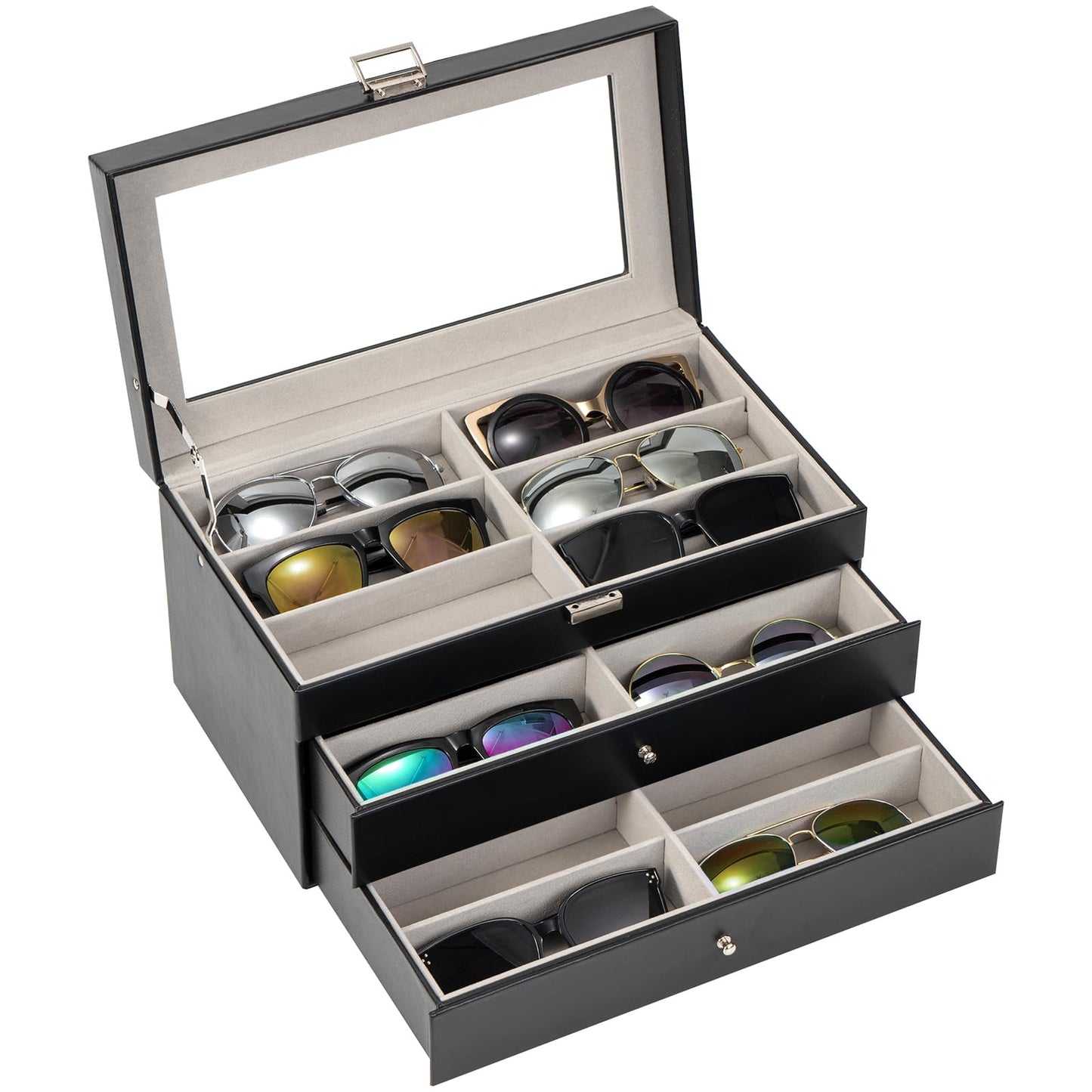 ProCase 3 Tier Glasses Box 18 Sunglasses Display Box Leather Glasses Case with Glass Lid