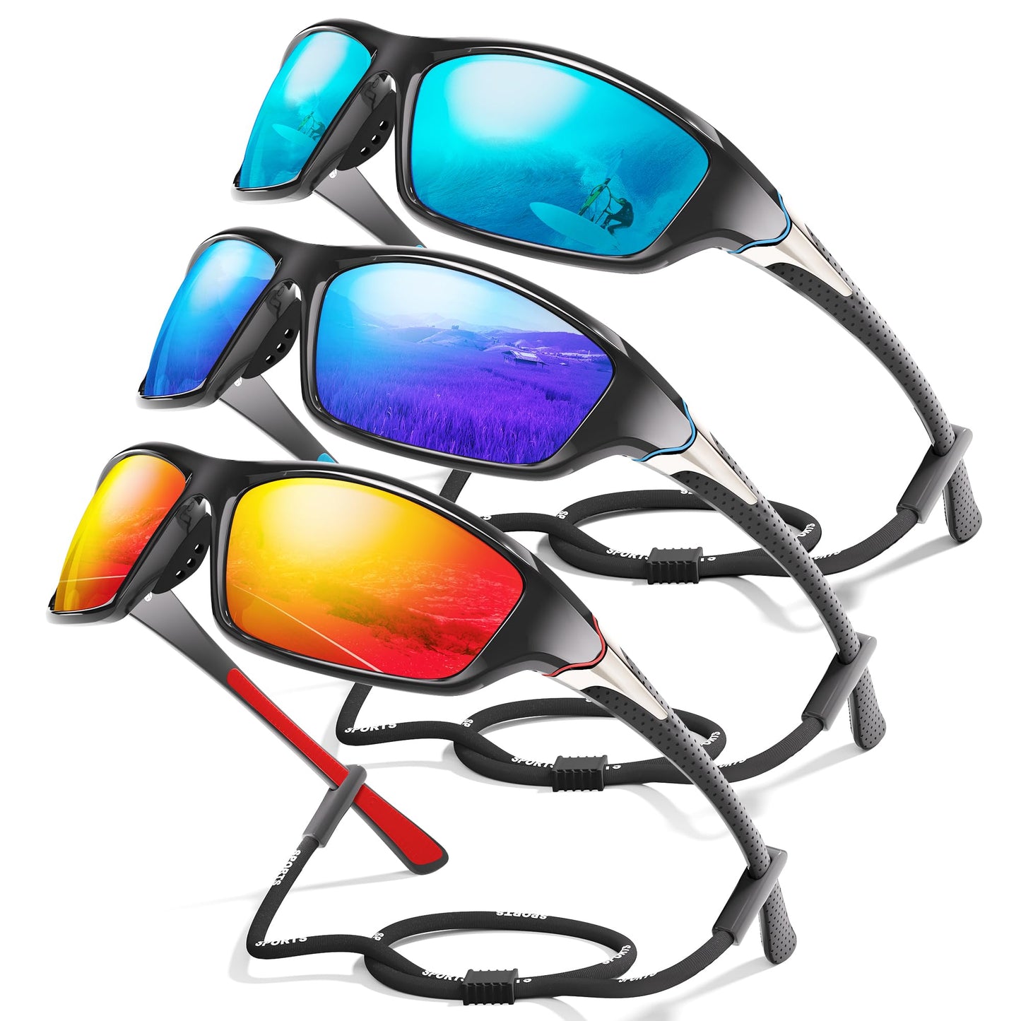 Foliful 3 Pack Polarized Sports Sunglasses for Men, Mens Sunglasses Wrap Around UV Protection for Cycling Fishing Driving