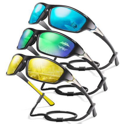 Foliful 3 Pack Polarized Sports Sunglasses for Men, Mens Sunglasses Wrap Around UV Protection for Cycling Fishing Driving