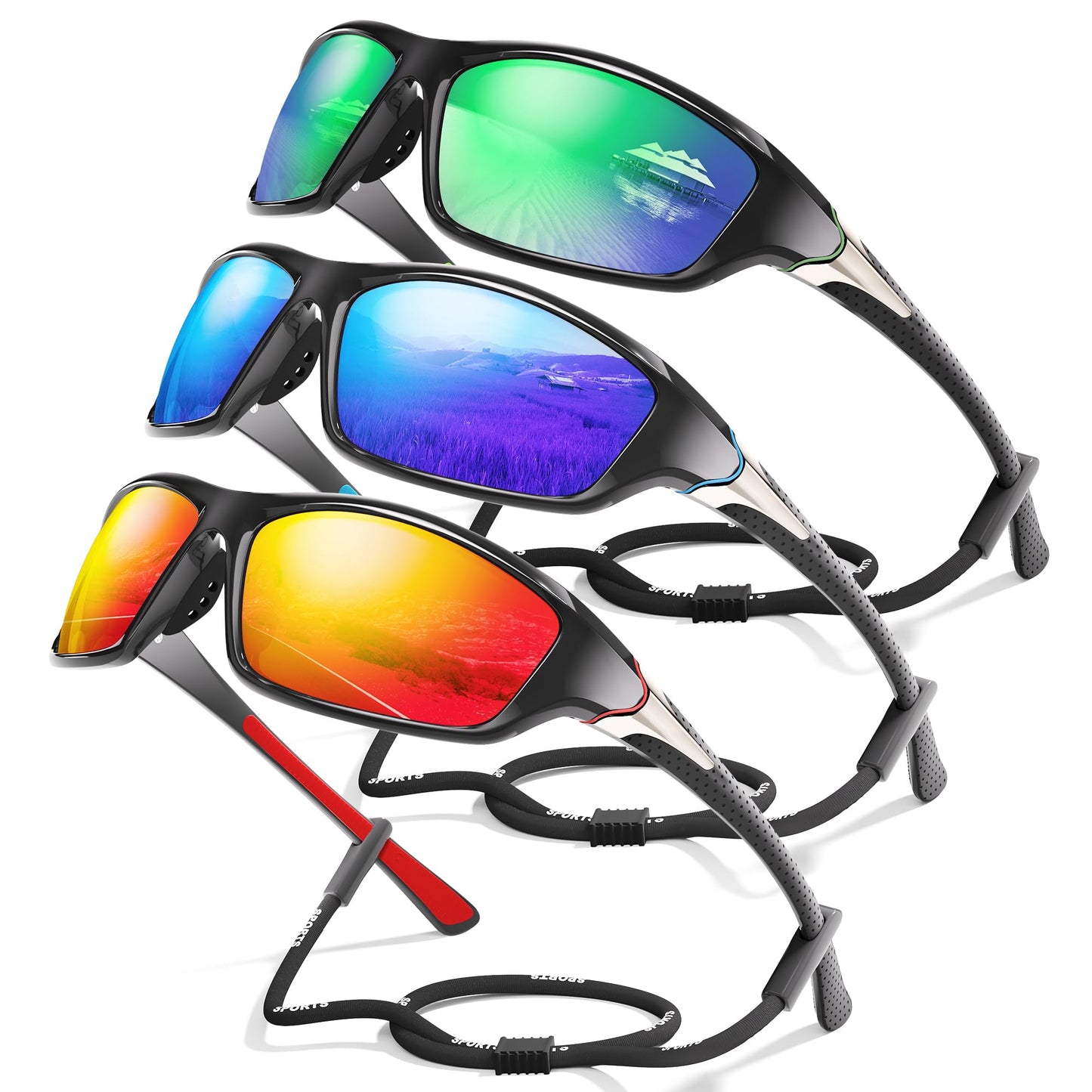 Foliful 3 Pack Polarized Sports Sunglasses for Men, Mens Sunglasses Wrap Around UV Protection for Cycling Fishing Driving