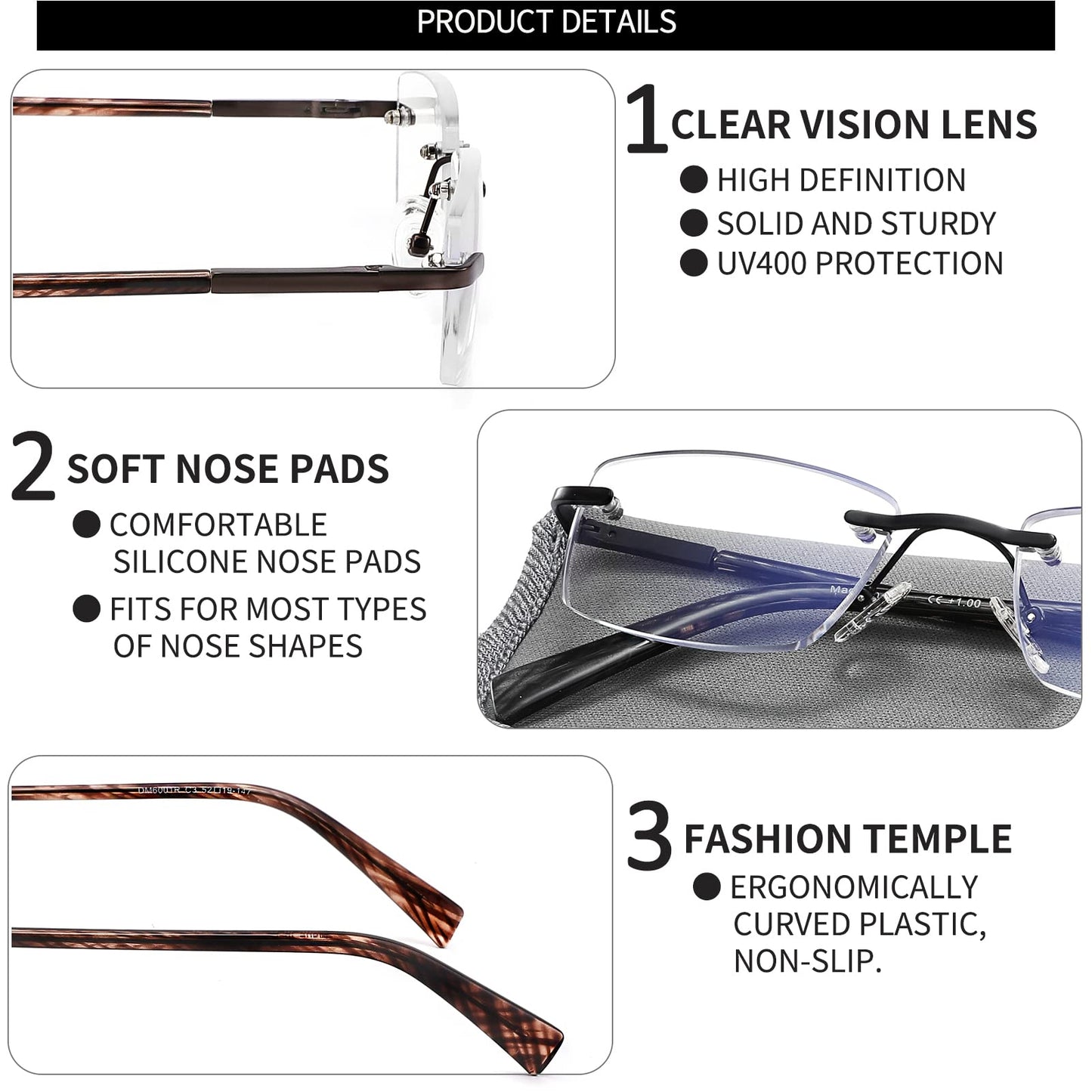 JJWELL 3 Pack Reading Glasses for Men Blue Light Blocking Rimless Readers with Spring Hinge Anti Eyestrain/UV