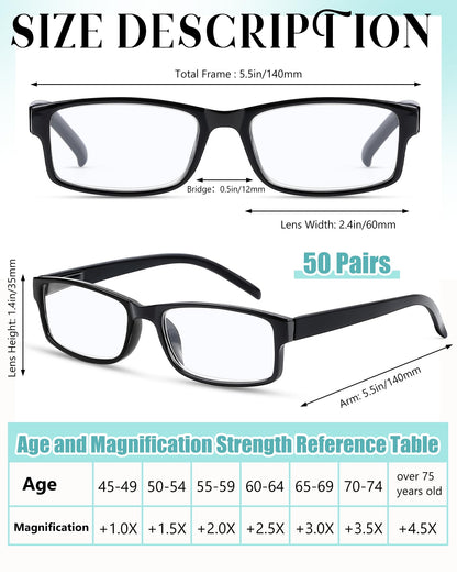 Yexiya 50 Pack Reading Glasses Bulk for Men Women Frame Eyeglasses with Spring Hinge Traditional Readers for Office Home