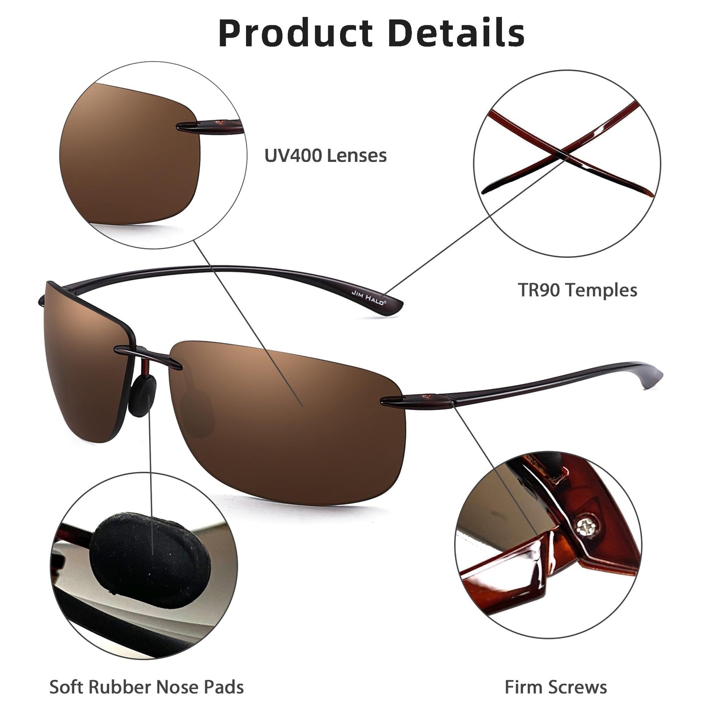 JIM HALO Sport Sunglasses for Men Women TR90 Rimless Frame for Running Fishing Cycling Driving