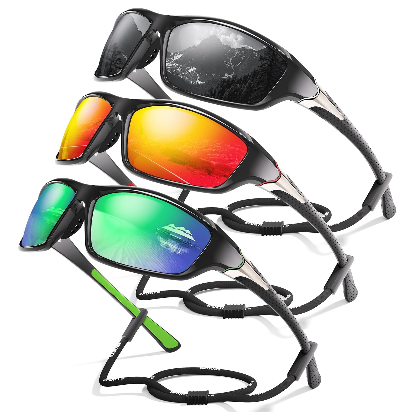 Foliful 3 Pack Polarized Sports Sunglasses for Men, Mens Sunglasses Wrap Around UV Protection for Cycling Fishing Driving