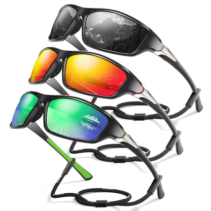 Foliful 3 Pack Polarized Sports Sunglasses for Men, Mens Sunglasses Wrap Around UV Protection for Cycling Fishing Driving