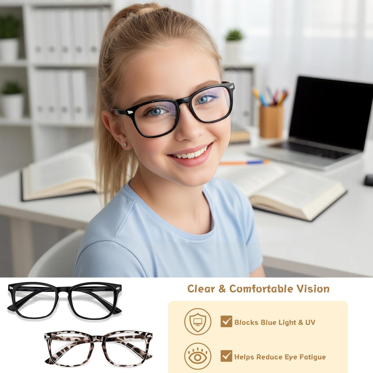 ECO-TH Blue Light Glasses for Kids Boys Girls, 2 Pack Teen Kids Blue Light Glasses, Fake Glasses, Toddler Glasses, Age 6-9