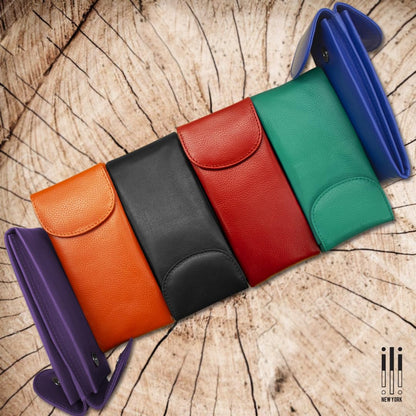 ili New York Double Flap Leather Eyeglass Case, Soft 2-in-1 Dual Glasses Pouch for Sunglasses and Reading Glasses