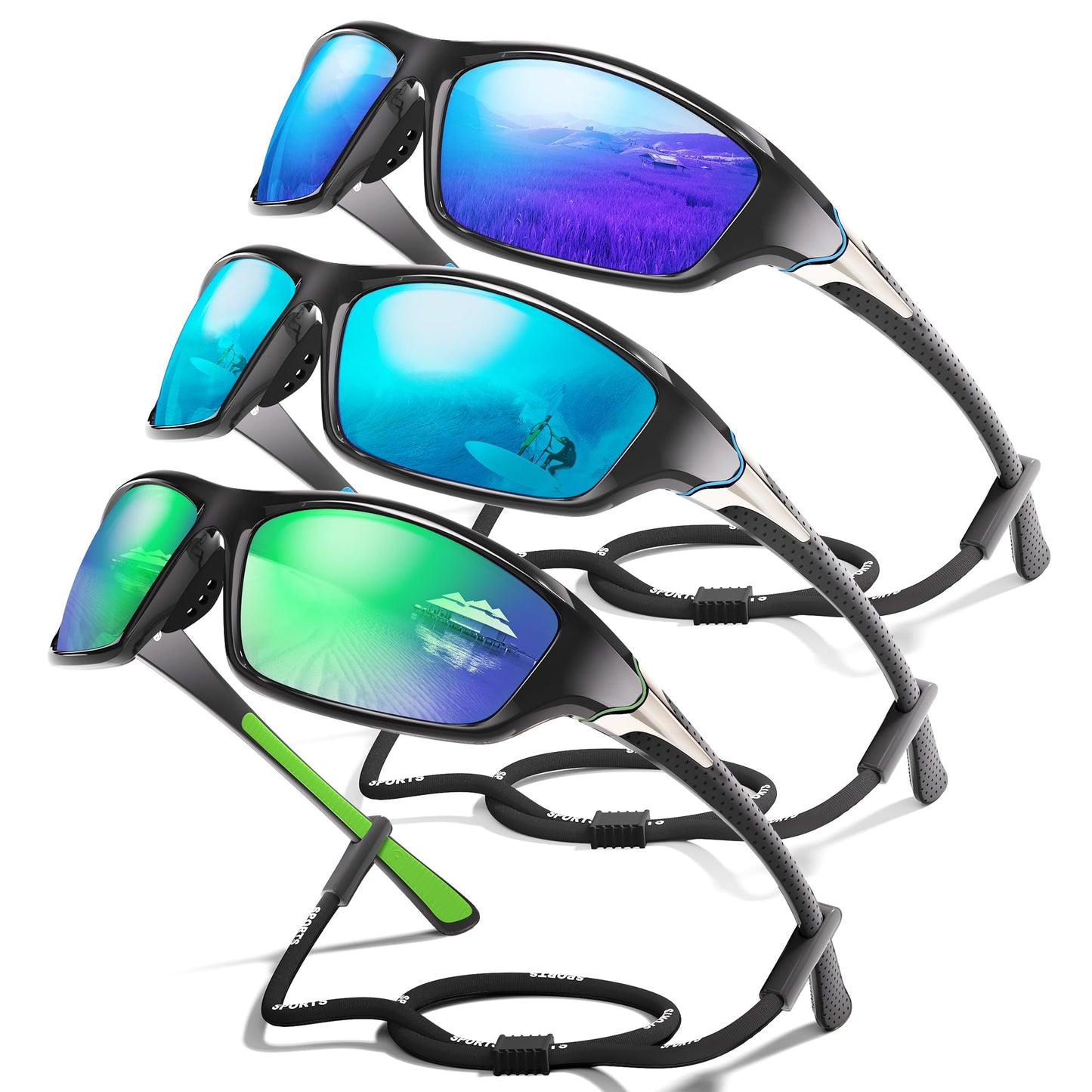 Foliful 3 Pack Polarized Sports Sunglasses for Men, Mens Sunglasses Wrap Around UV Protection for Cycling Fishing Driving