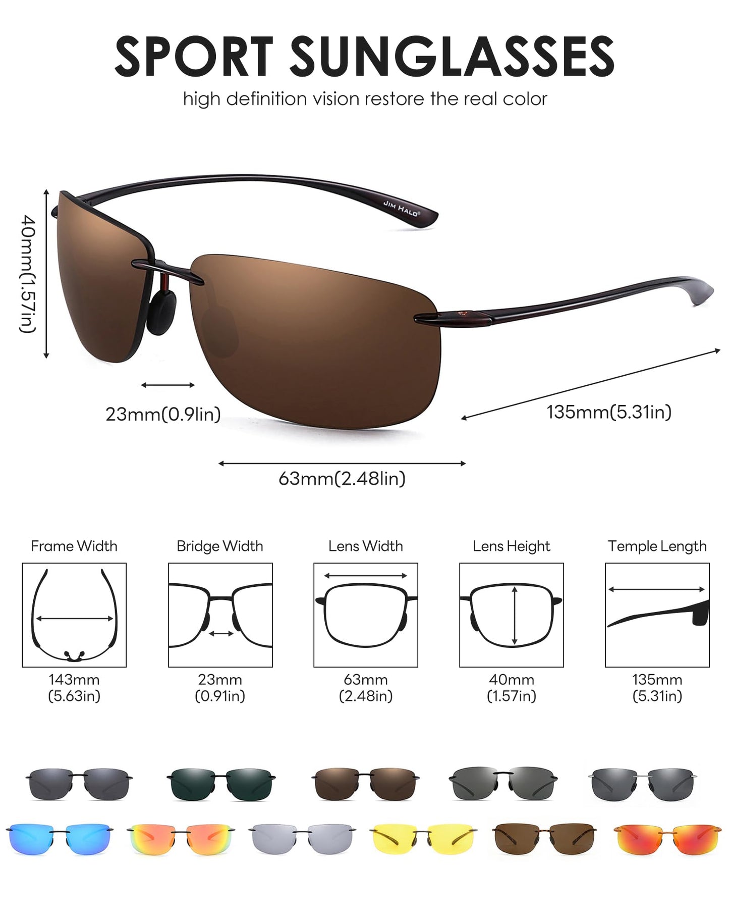 JIM HALO Sport Sunglasses for Men Women TR90 Rimless Frame for Running Fishing Cycling Driving