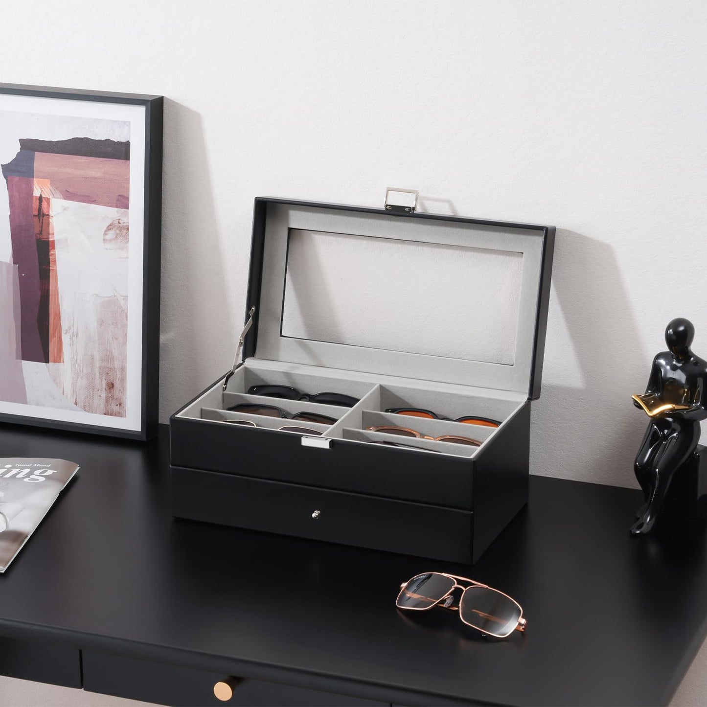 ProCase 3 Tier Glasses Box 18 Sunglasses Display Box Leather Glasses Case with Glass Lid