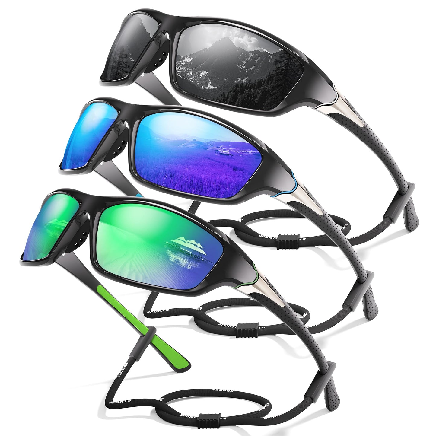 Foliful 3 Pack Polarized Sports Sunglasses for Men, Mens Sunglasses Wrap Around UV Protection for Cycling Fishing Driving
