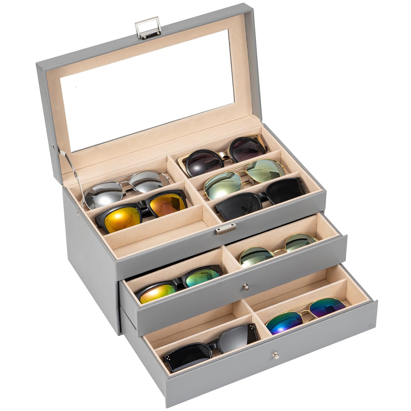 ProCase 3 Tier Glasses Box 18 Sunglasses Display Box Leather Glasses Case with Glass Lid