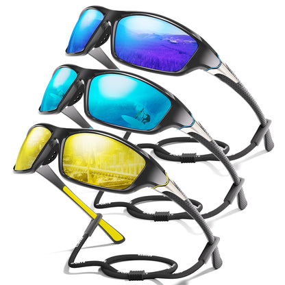Foliful 3 Pack Polarized Sports Sunglasses for Men, Mens Sunglasses Wrap Around UV Protection for Cycling Fishing Driving