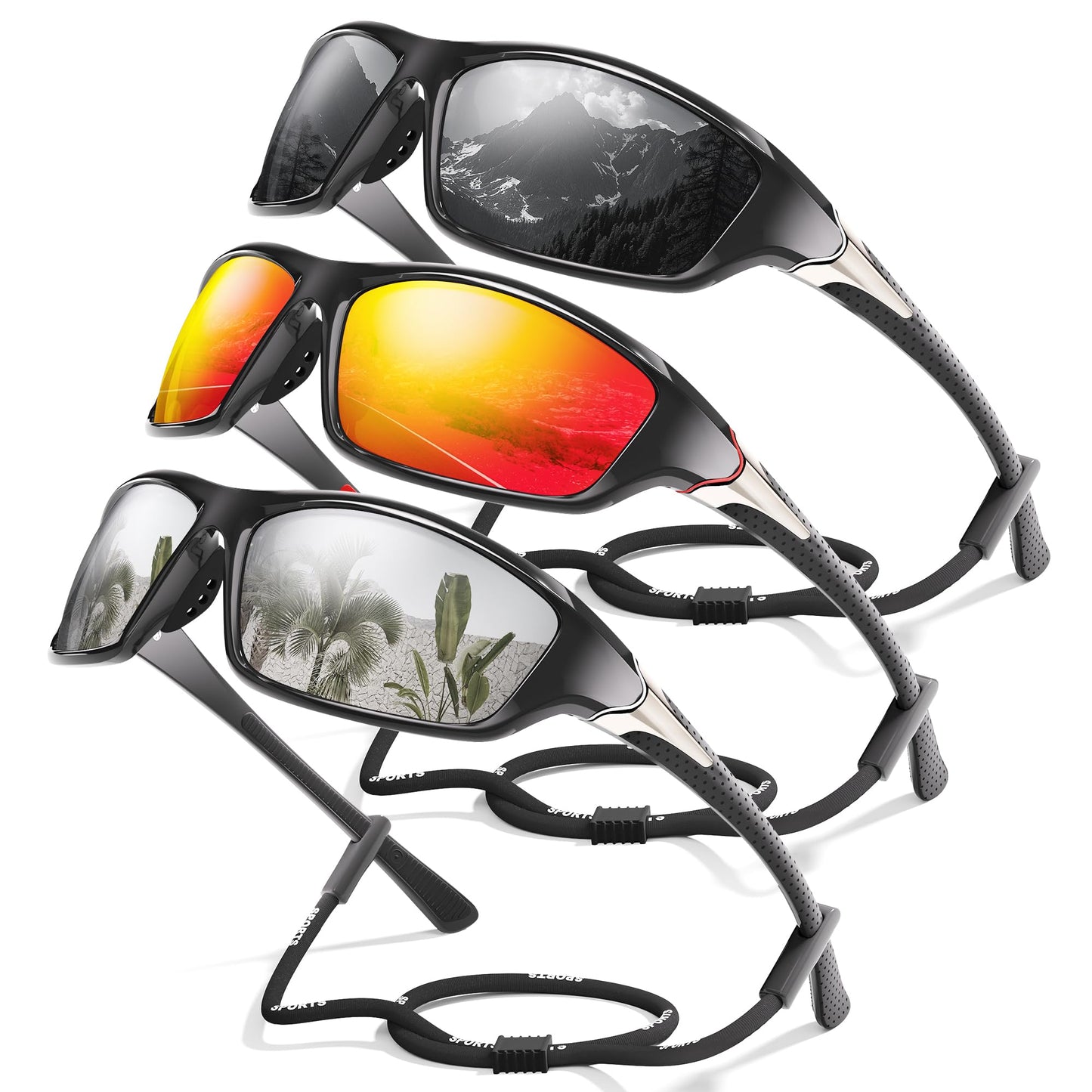 Foliful 3 Pack Polarized Sports Sunglasses for Men, Mens Sunglasses Wrap Around UV Protection for Cycling Fishing Driving