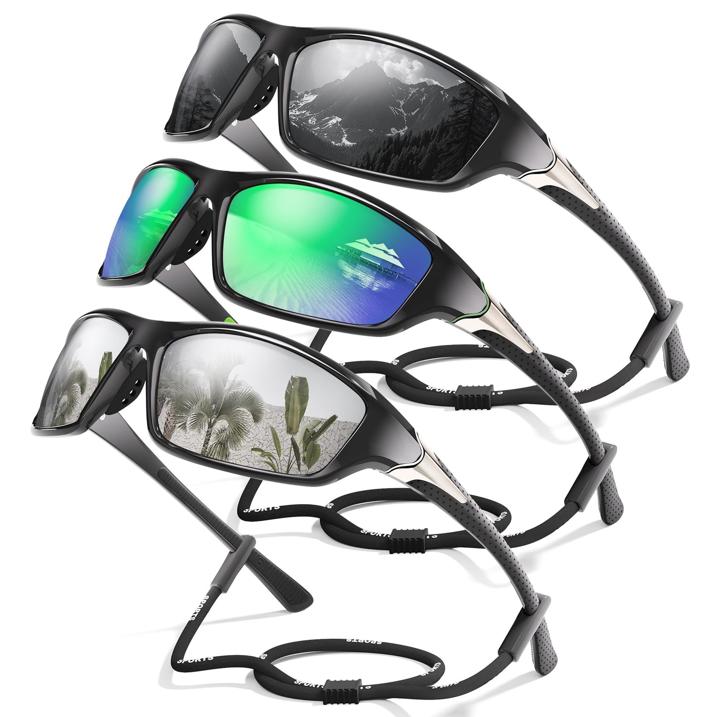 Foliful 3 Pack Polarized Sports Sunglasses for Men, Mens Sunglasses Wrap Around UV Protection for Cycling Fishing Driving