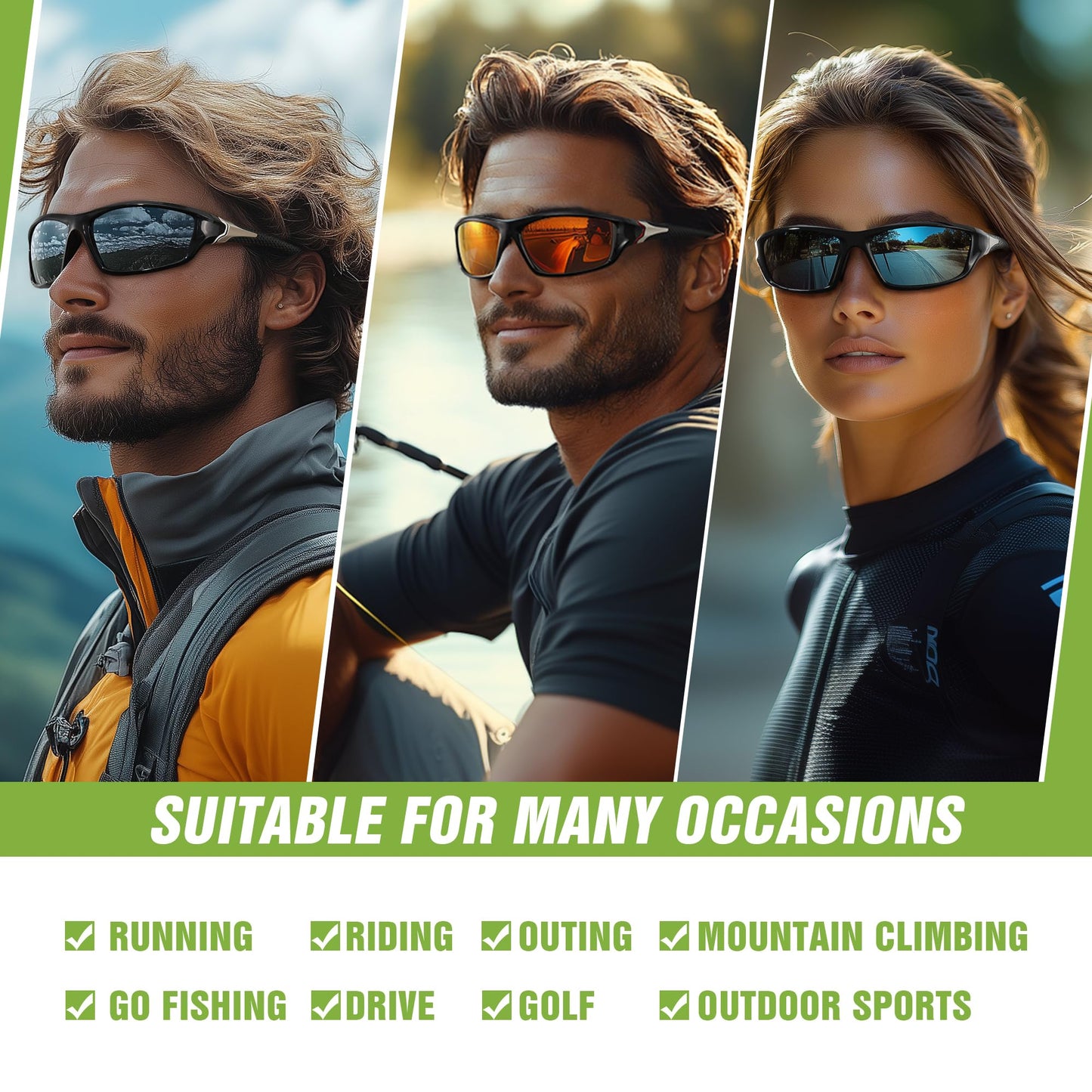 Foliful 3 Pack Polarized Sports Sunglasses for Men, Mens Sunglasses Wrap Around UV Protection for Cycling Fishing Driving