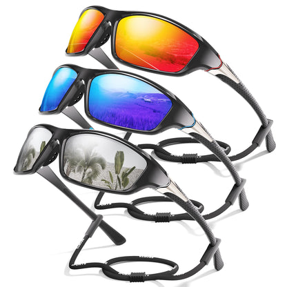 Foliful 3 Pack Polarized Sports Sunglasses for Men, Mens Sunglasses Wrap Around UV Protection for Cycling Fishing Driving