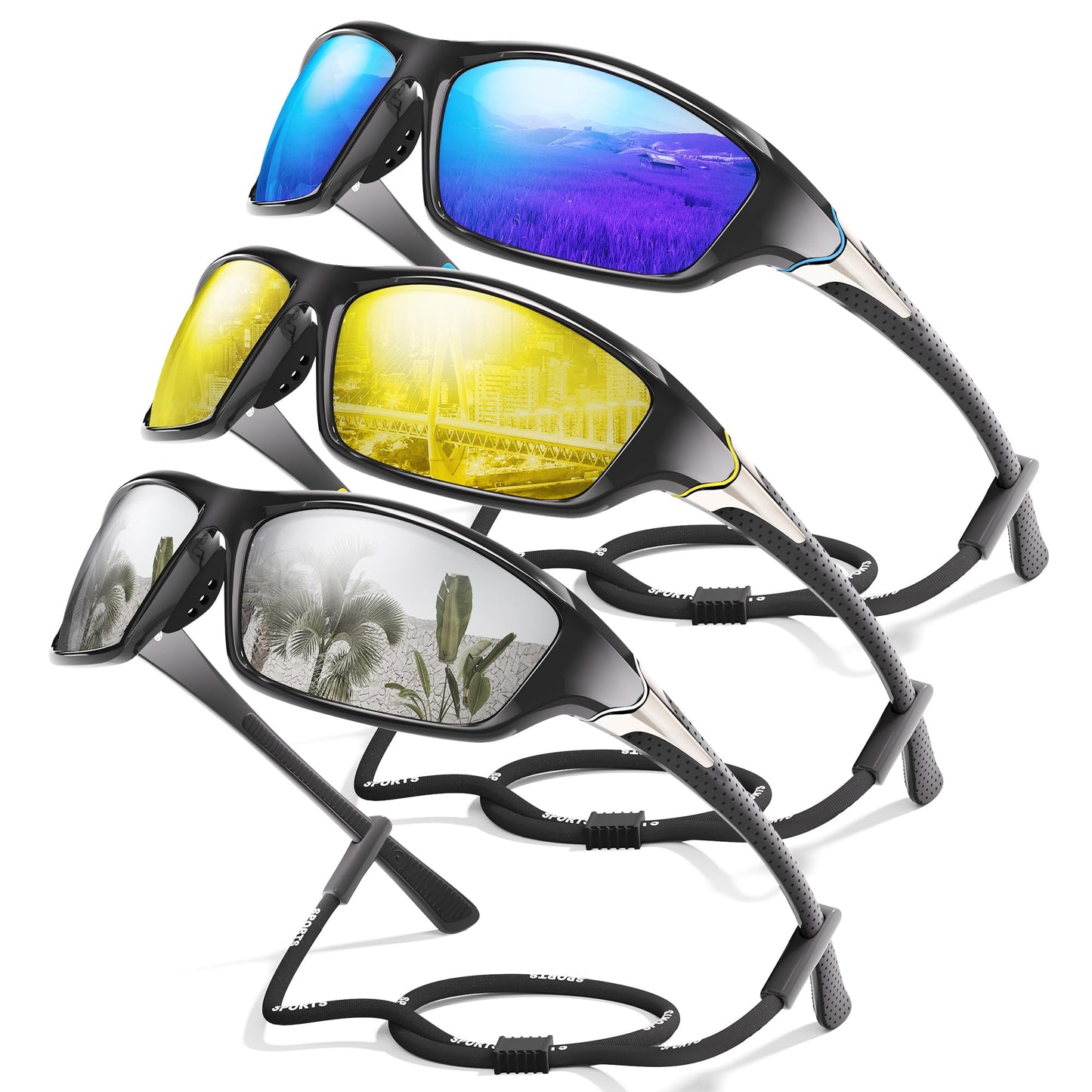Foliful 3 Pack Polarized Sports Sunglasses for Men, Mens Sunglasses Wrap Around UV Protection for Cycling Fishing Driving