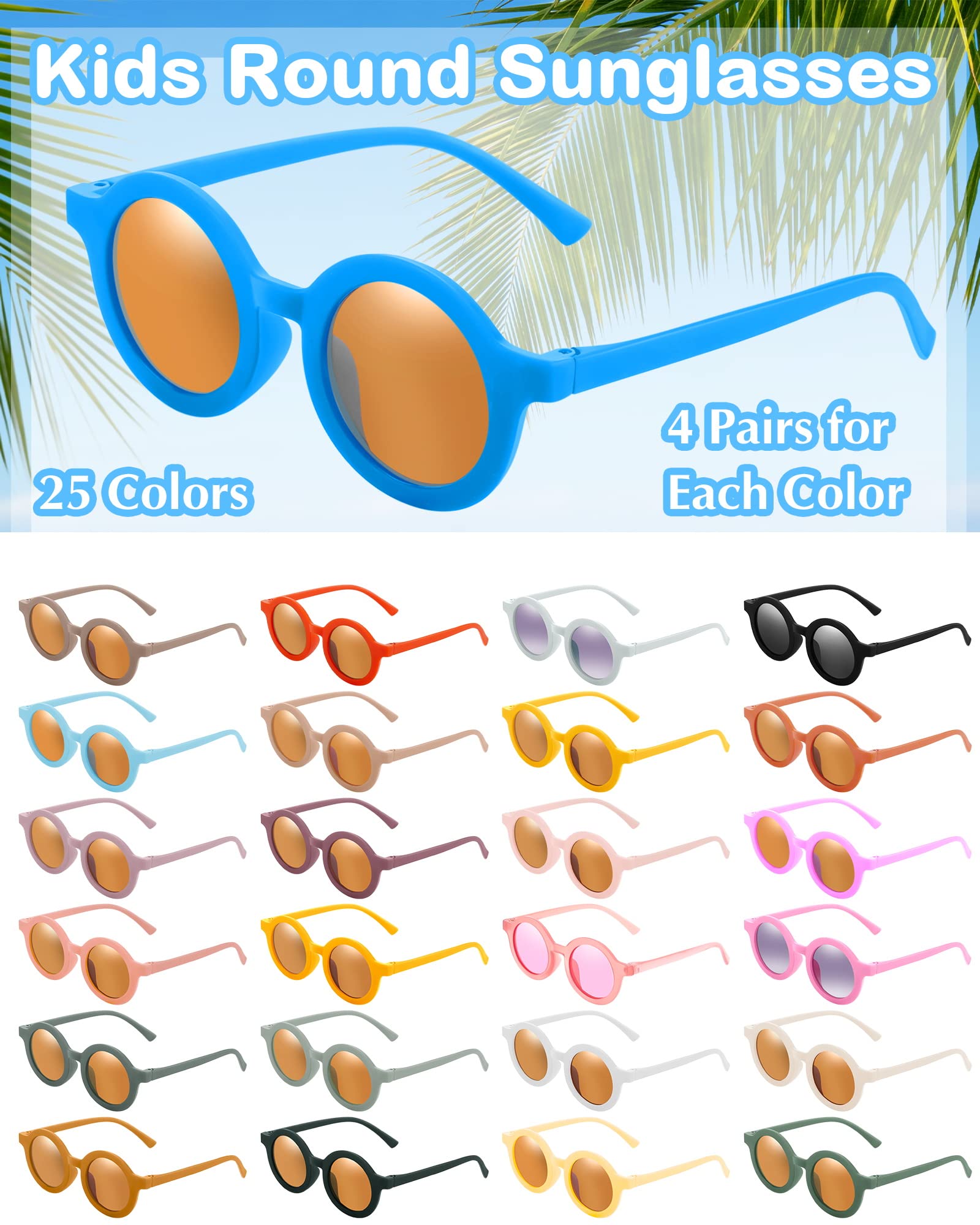 Xuhal 100 Pairs Kids Round Sunglasses Bulk Party Favor Cute Retro Glasses for Summer Pool Beach Prop Birthday(Multicolored)