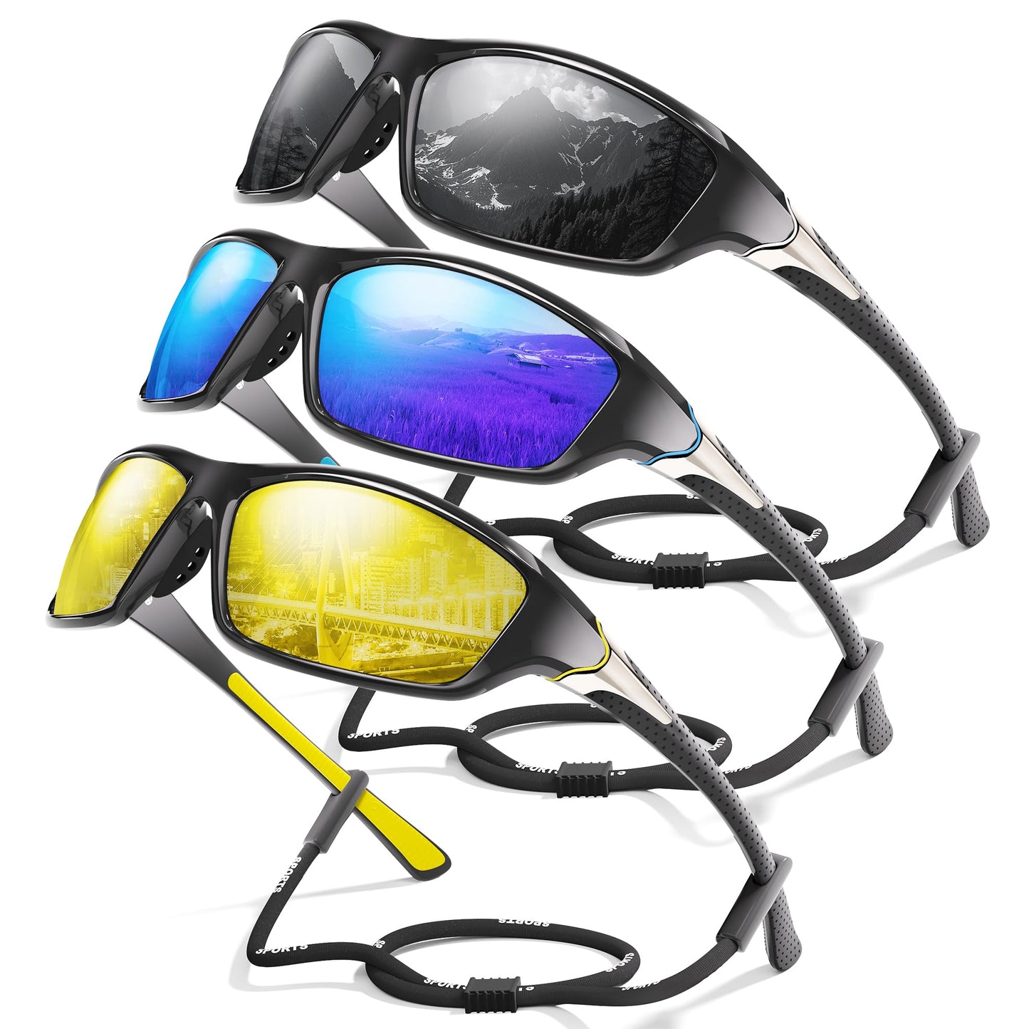 Foliful 3 Pack Polarized Sports Sunglasses for Men, Mens Sunglasses Wrap Around UV Protection for Cycling Fishing Driving