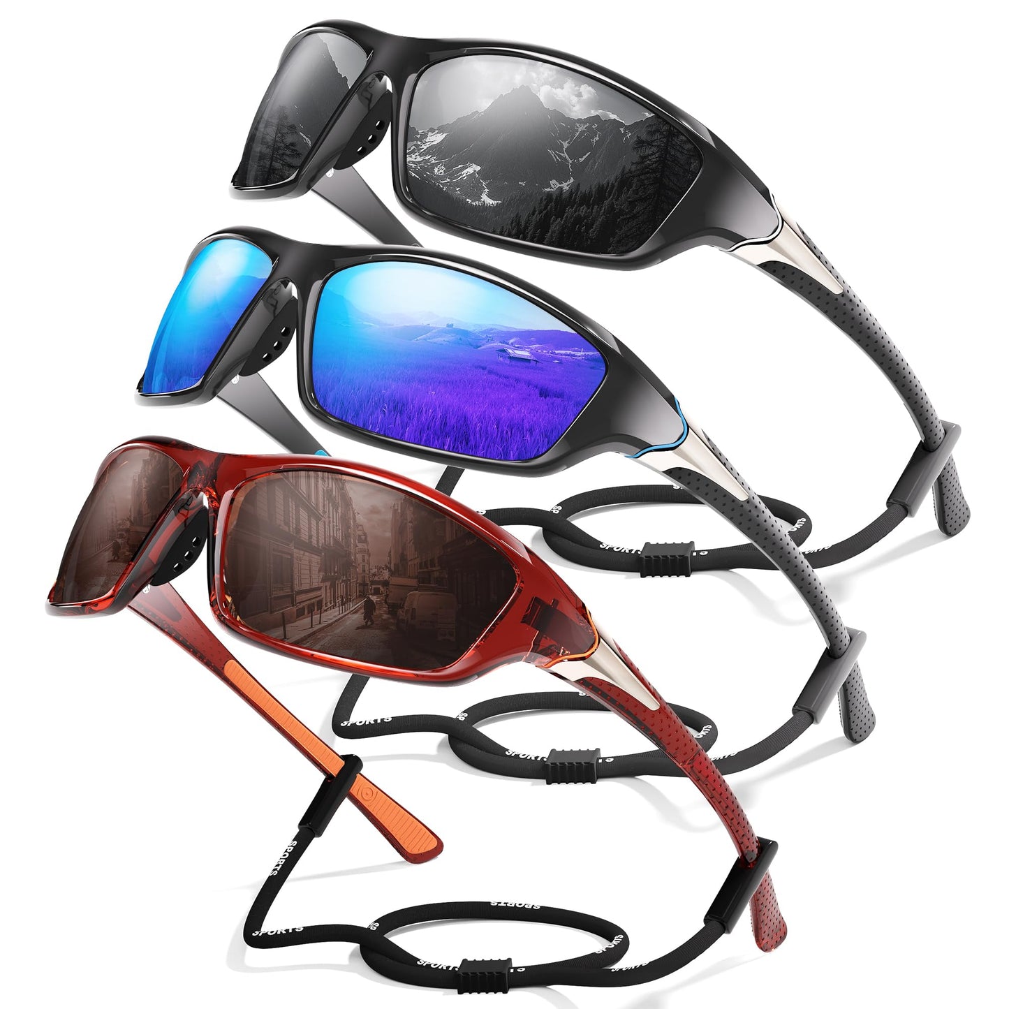 Foliful 3 Pack Polarized Sports Sunglasses for Men, Mens Sunglasses Wrap Around UV Protection for Cycling Fishing Driving