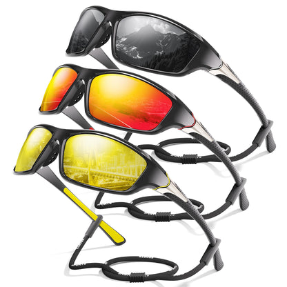 Foliful 3 Pack Polarized Sports Sunglasses for Men, Mens Sunglasses Wrap Around UV Protection for Cycling Fishing Driving
