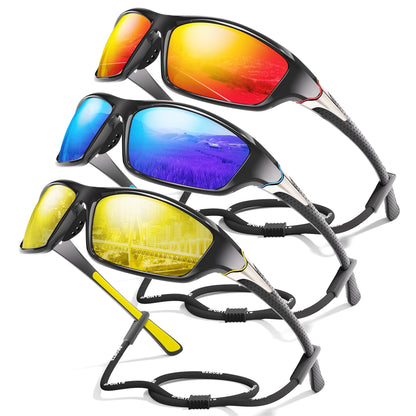 Foliful 3 Pack Polarized Sports Sunglasses for Men, Mens Sunglasses Wrap Around UV Protection for Cycling Fishing Driving