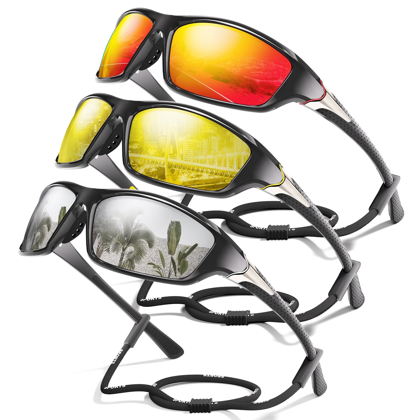 Foliful 3 Pack Polarized Sports Sunglasses for Men, Mens Sunglasses Wrap Around UV Protection for Cycling Fishing Driving