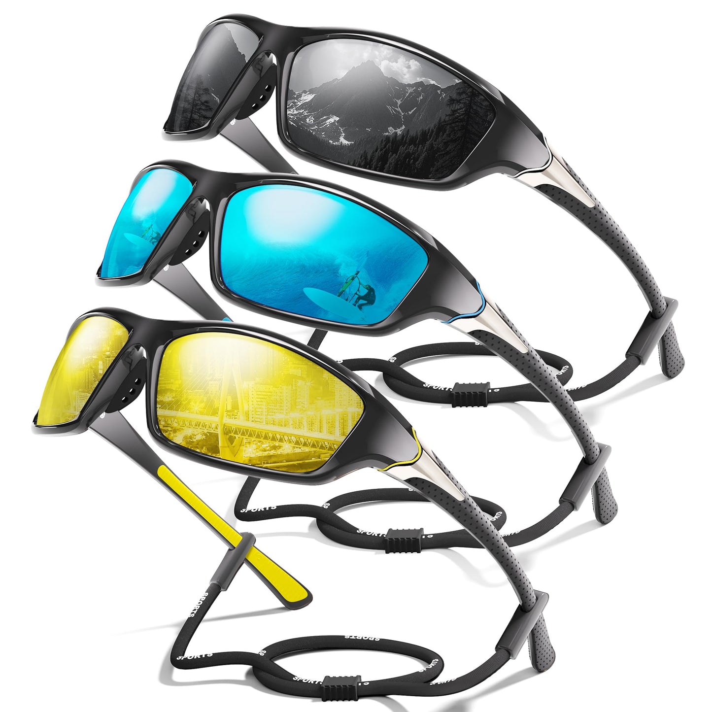 Foliful 3 Pack Polarized Sports Sunglasses for Men, Mens Sunglasses Wrap Around UV Protection for Cycling Fishing Driving