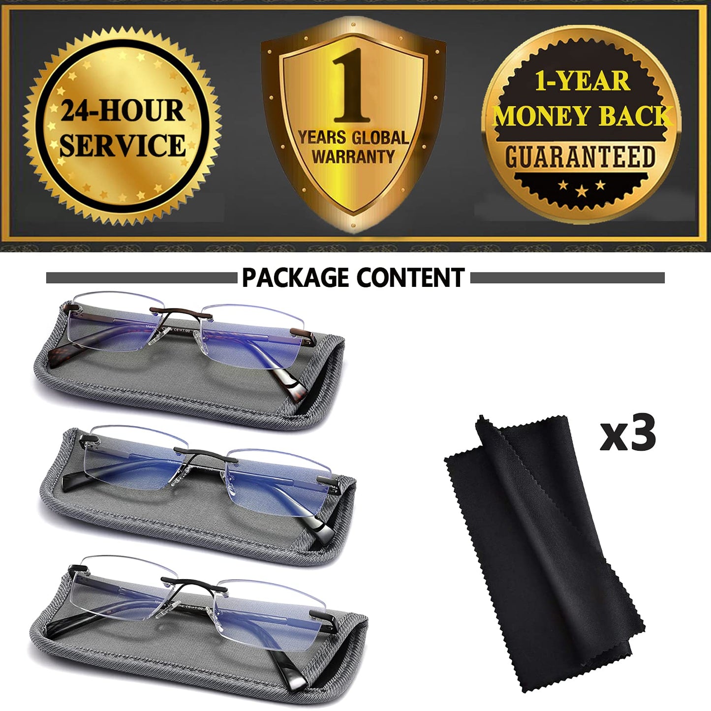JJWELL 3 Pack Reading Glasses for Men Blue Light Blocking Rimless Readers with Spring Hinge Anti Eyestrain/UV