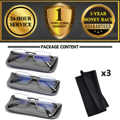 JJWELL 3 Pack Reading Glasses for Men Blue Light Blocking Rimless Readers with Spring Hinge Anti Eyestrain/UV