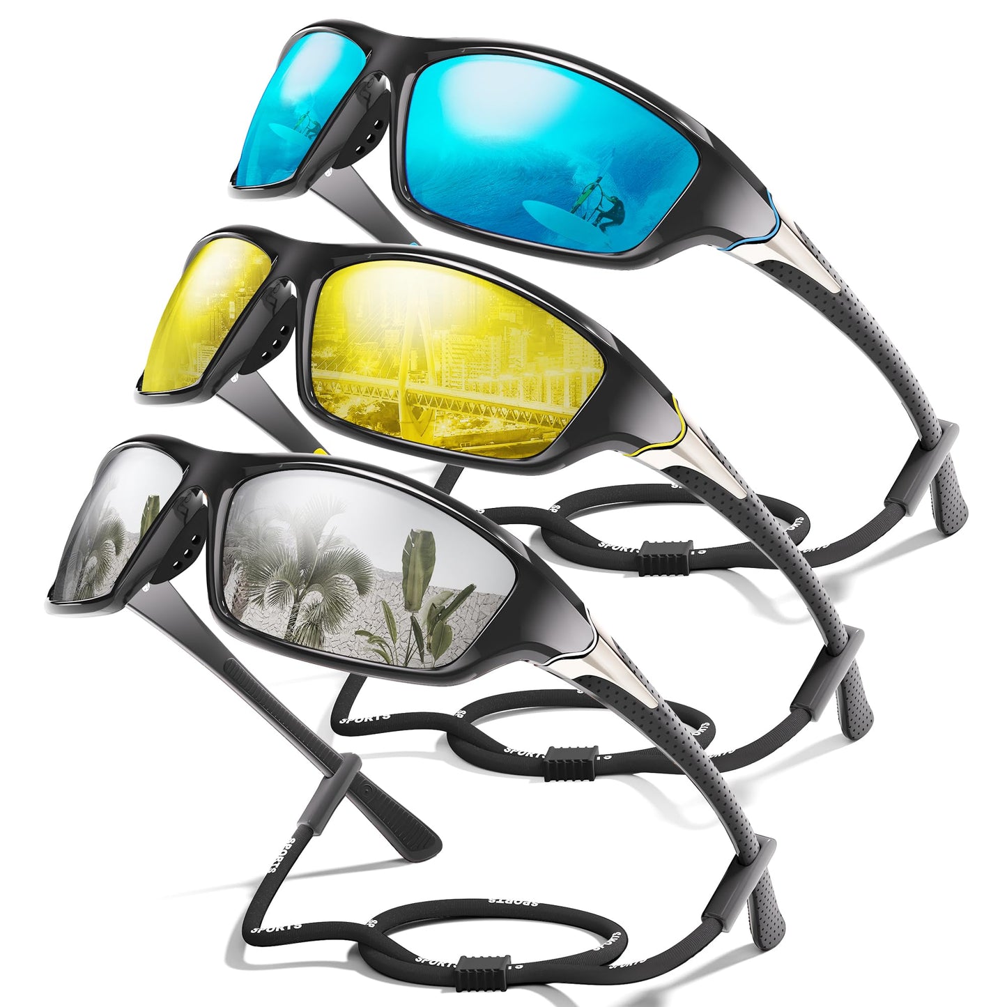 Foliful 3 Pack Polarized Sports Sunglasses for Men, Mens Sunglasses Wrap Around UV Protection for Cycling Fishing Driving
