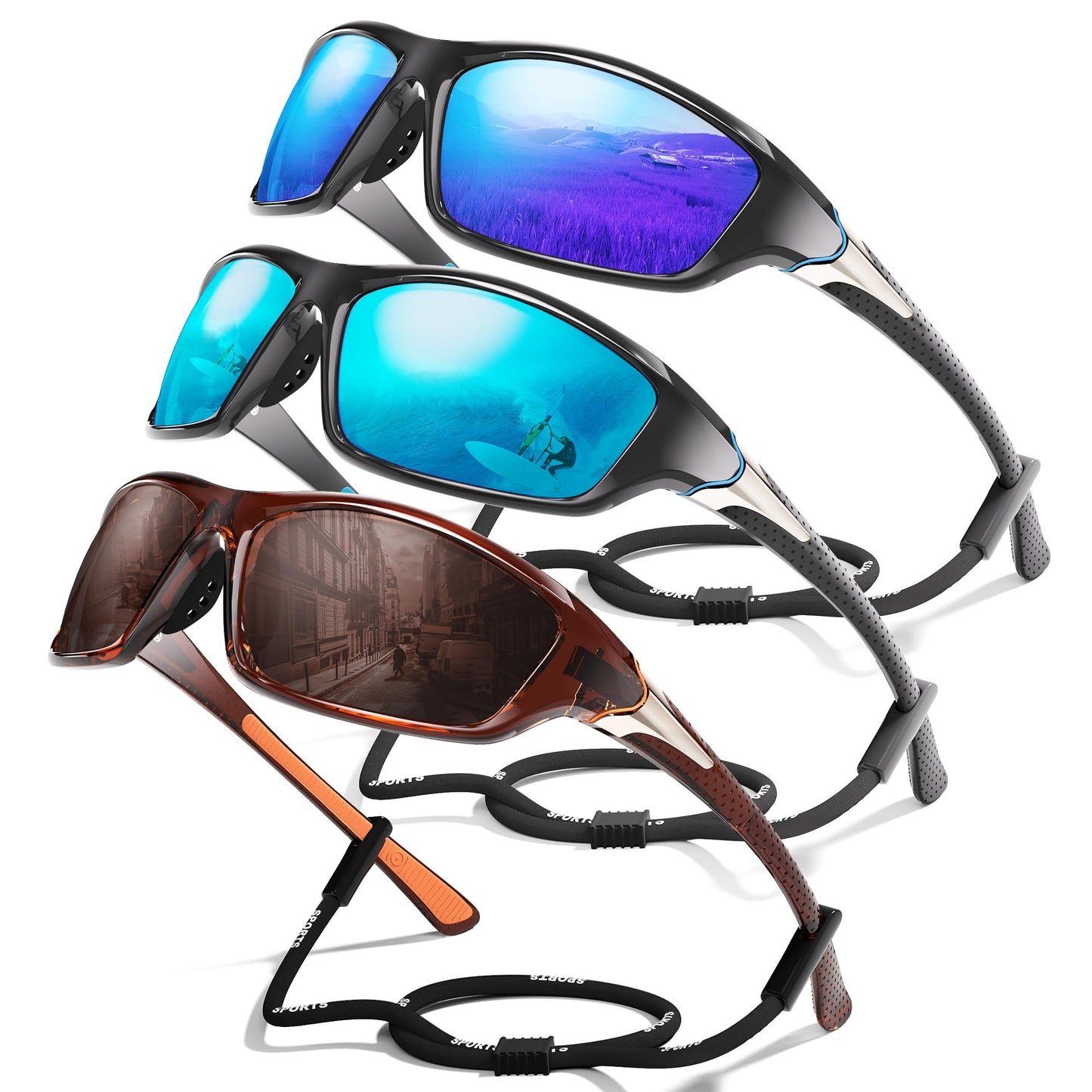 Foliful 3 Pack Polarized Sports Sunglasses for Men, Mens Sunglasses Wrap Around UV Protection for Cycling Fishing Driving